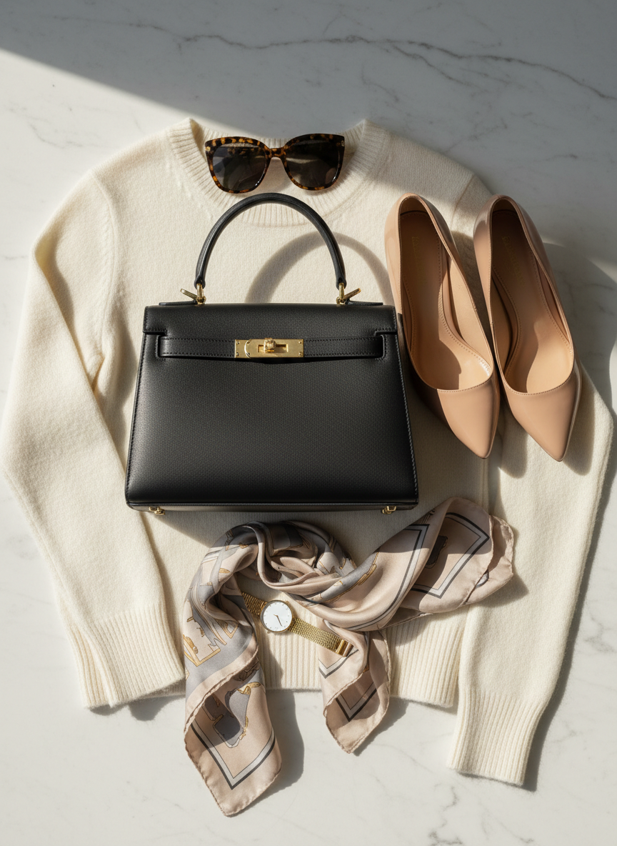 A meticulously arranged flat lay of luxury fashion essentials for a modern capsule wardrobe, featuring a structured black leather top-handle handbag with gold hardware, a pair of polished nude pointed-toe heels, oversized tortoiseshell sunglasses, a silk scarf in muted champagne and dove gray, and a slim gold watch. They rest on a soft ivory cashmere sweater atop a pale marble surface. Soft morning sunlight from the left creates gentle highlights on metal details and subtle shadows along fabric folds. Photographic realism with a clean, minimalist aesthetic, shot from a true overhead perspective with shallow depth of field around the edges. The mood is sophisticated, timeless, and aspirational, perfect for a luxury style blog hero image.