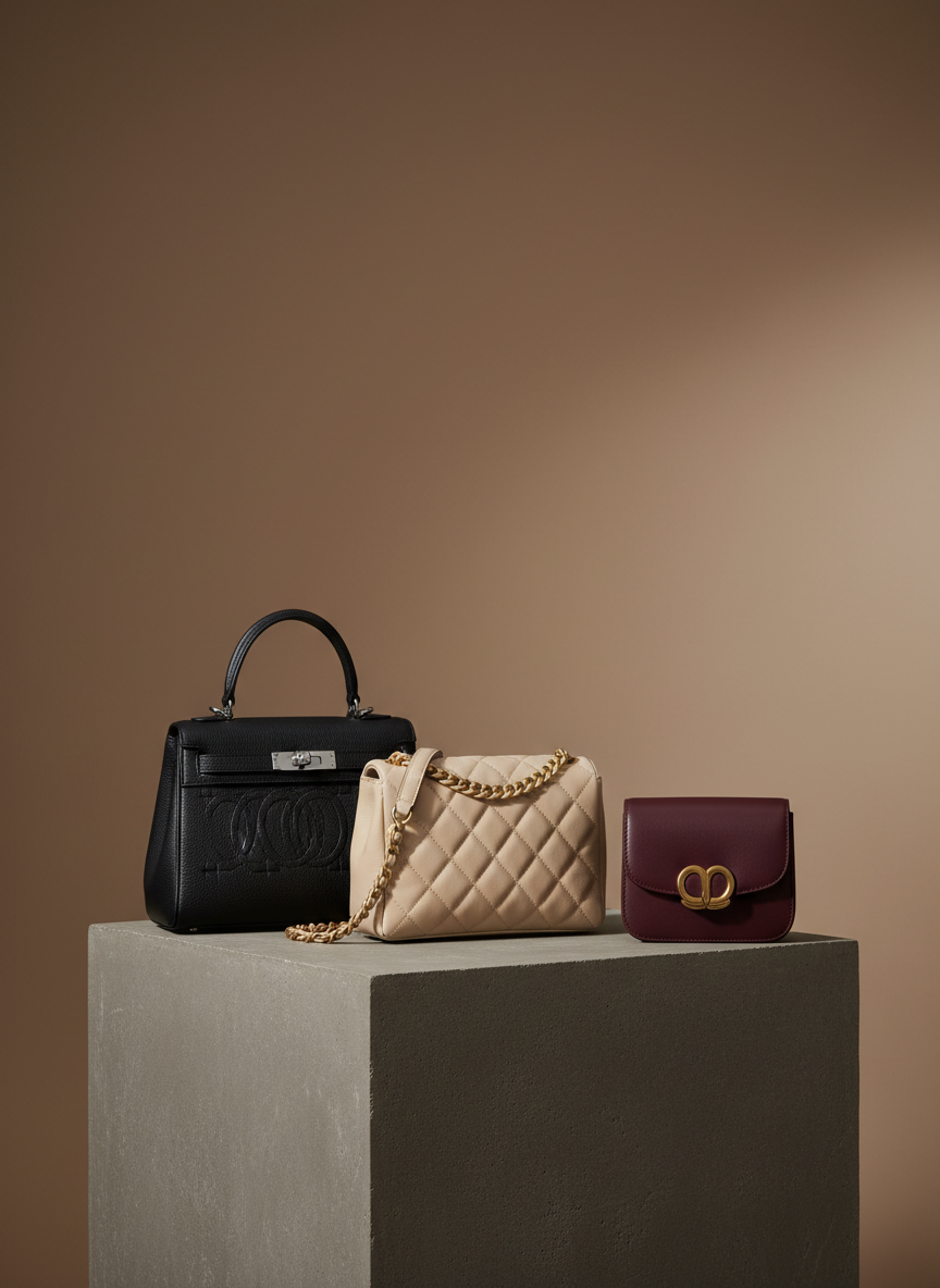 An artfully composed scene of three designer handbags aligned on a low, matte stone pedestal against a smooth taupe backdrop: a structured black top-handle bag with subtle logo embossing, a creamy beige quilted shoulder bag with a refined chain strap, and a deep burgundy mini bag with a sculpted clasp. Each bag shows distinct textures—pebbled, smooth, and quilted leather—captured in fine detail. A single soft studio light from the upper right creates gentle gradients and defined yet elegant shadows. Photographic realism with an editorial, gallery-like feel, framed with ample negative space using rule-of-thirds composition. The mood is refined, aspirational, and museum-quiet, ideal for comparing investment handbags and affordable designer alternatives.