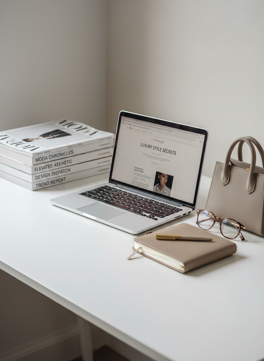 A sophisticated work-from-home desk scene styled with fashion-conscious details: a slim silver laptop open on a smooth white desk, beside a closed beige leather planner with gold-edged pages and a matching pen. A structured mini handbag in soft gray leather with a top handle sits to one side, next to a pair of minimalist tortoiseshell blue-light glasses. Stacked fashion magazines with monochrome covers anchor the corner. Soft daylight streams in from an unseen window, creating a calm, diffused glow with minimal shadows. Photographic realism with a slightly elevated, three-quarter angle and clean composition. The mood is modern, productive, and luxuriously understated, supporting content about luxury fashion blogging, affiliate shopping guides, and SEO-optimized digital style content.